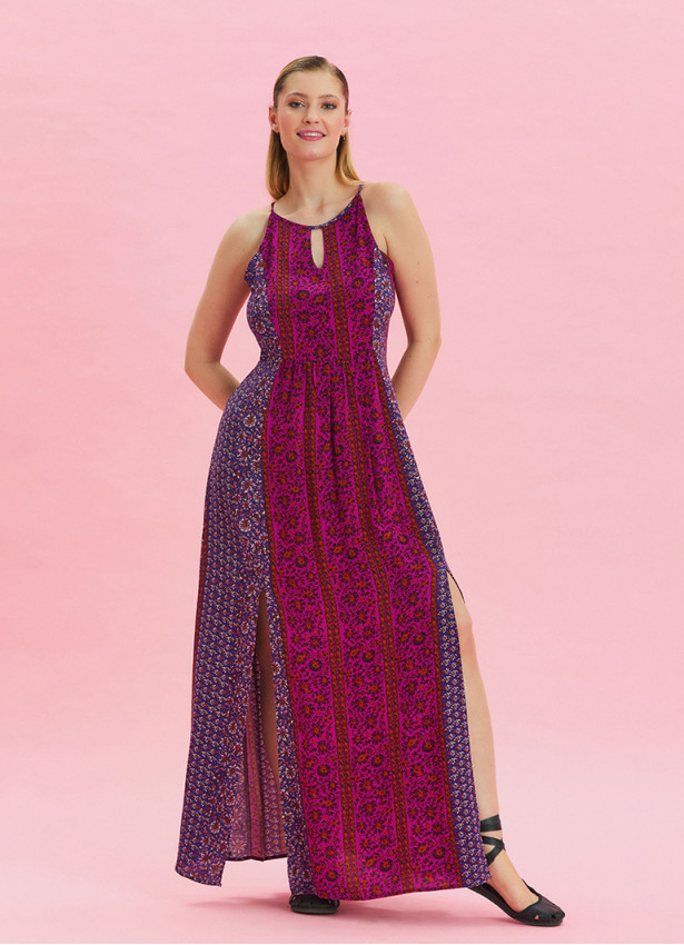 Halter Neck Slit Detailed Purple Long Dress 4610